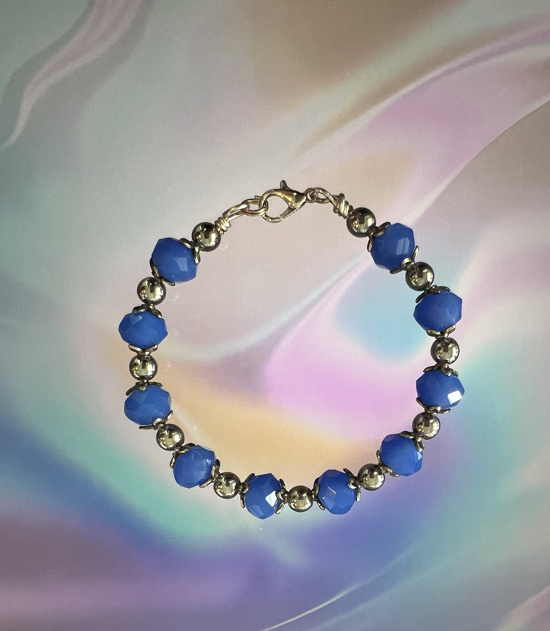 “Blue Garden” – Cobalt Beaded Bracelet with Silver Leaf Accents