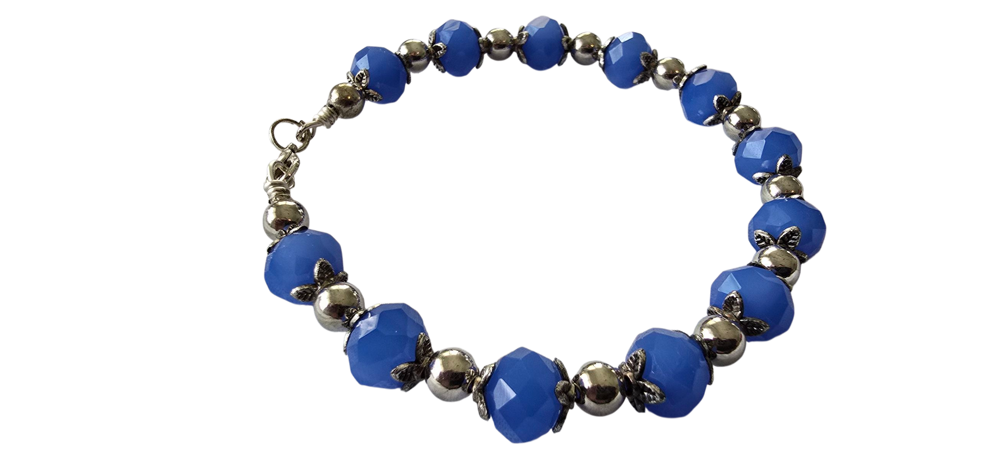 “Blue Garden” – Cobalt Beaded Bracelet with Silver Leaf Accents