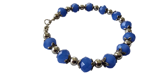 “Blue Garden” – Cobalt Beaded Bracelet with Silver Leaf Accents