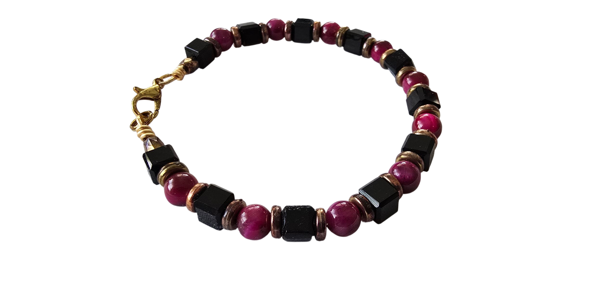 Desert Night – Red Tiger Eye & Black Glass Beaded Bracelet with Brass Accents