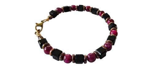 Desert Night – Red Tiger Eye & Black Glass Beaded Bracelet with Brass Accents