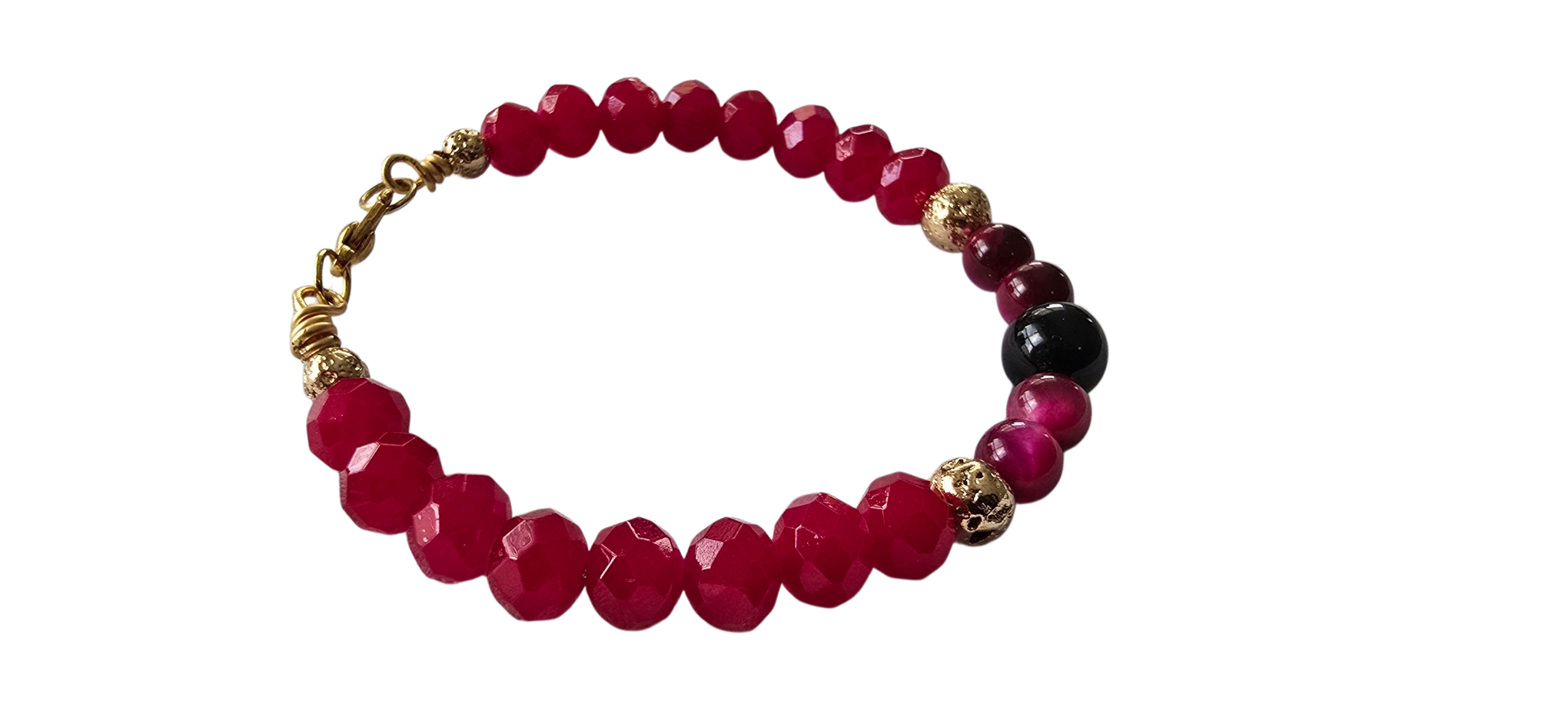 "Crimson Eclipse" – Faceted Ruby Red Beaded Bracelet with Black Onyx & Red Tiger Eye Accents