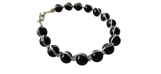 Black Onyx , Silver Wire-Wrapped Statement Bracelet