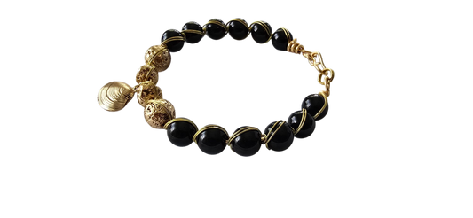 “Midnight Shore” Onyx & Gold Wire-Wrapped Bracelet with Seashell Charm