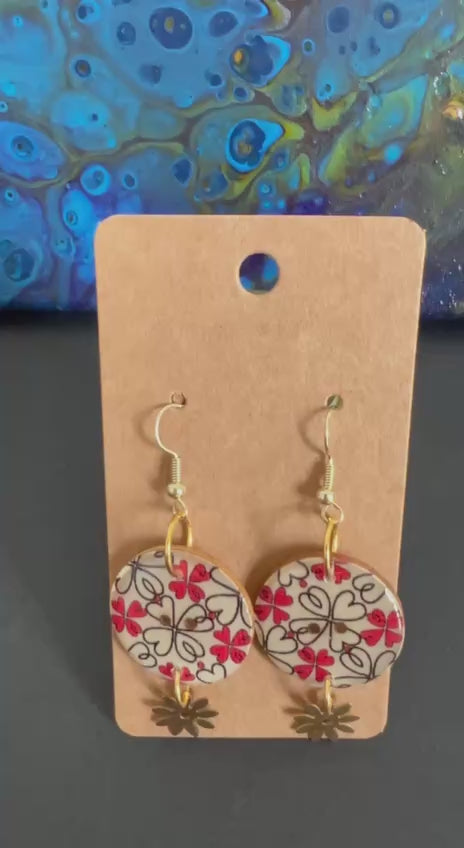 Handcrafted Red Floral Button Earrings with Golden dangle