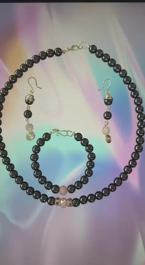 Mystic Balance Set – Hematite & Pink Crystal (Necklace, Bracelet & Earrings)